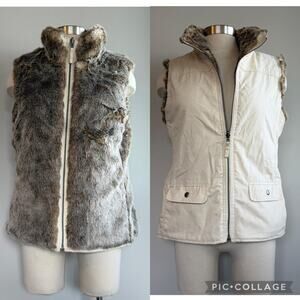 Y2k gap reversible cream and brown faux fur zip up vest